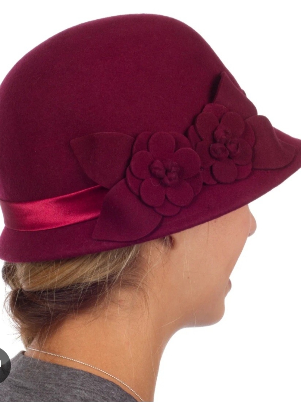 Womens Floral Cloche Hat - Burgundy 100% Wool Sakkas